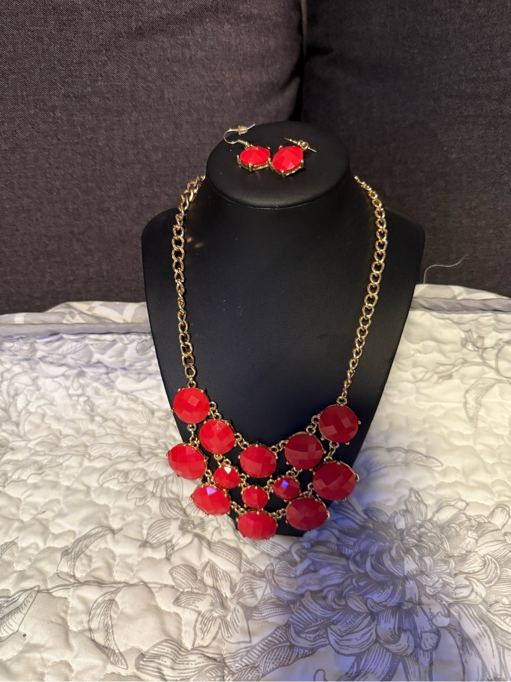 Red Statement Bib Necklace and Earring Set - Gold Chain